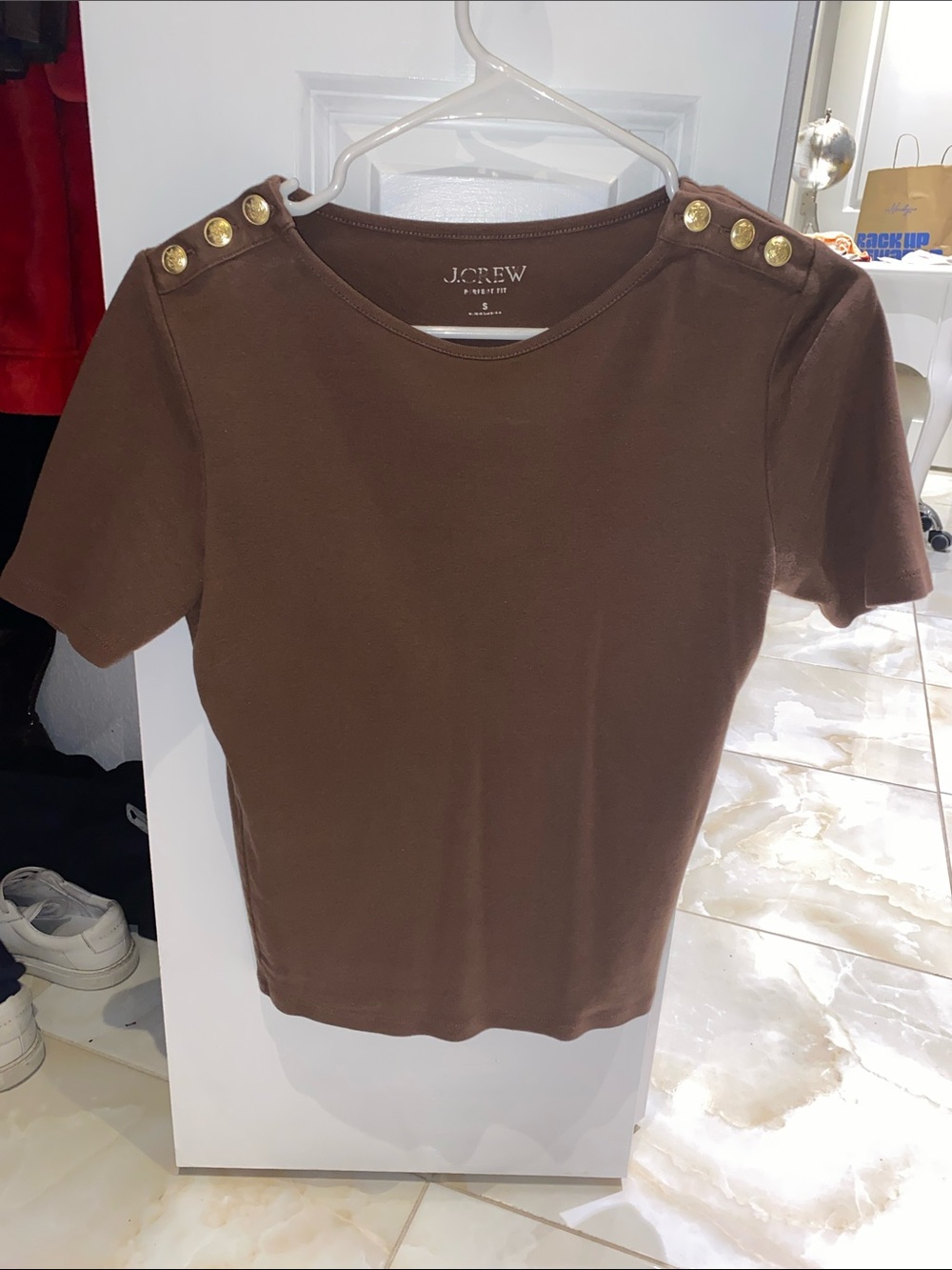 J. Crew Chocolate Brown Short Sleeve Tee with Gold Shoulder Buttons